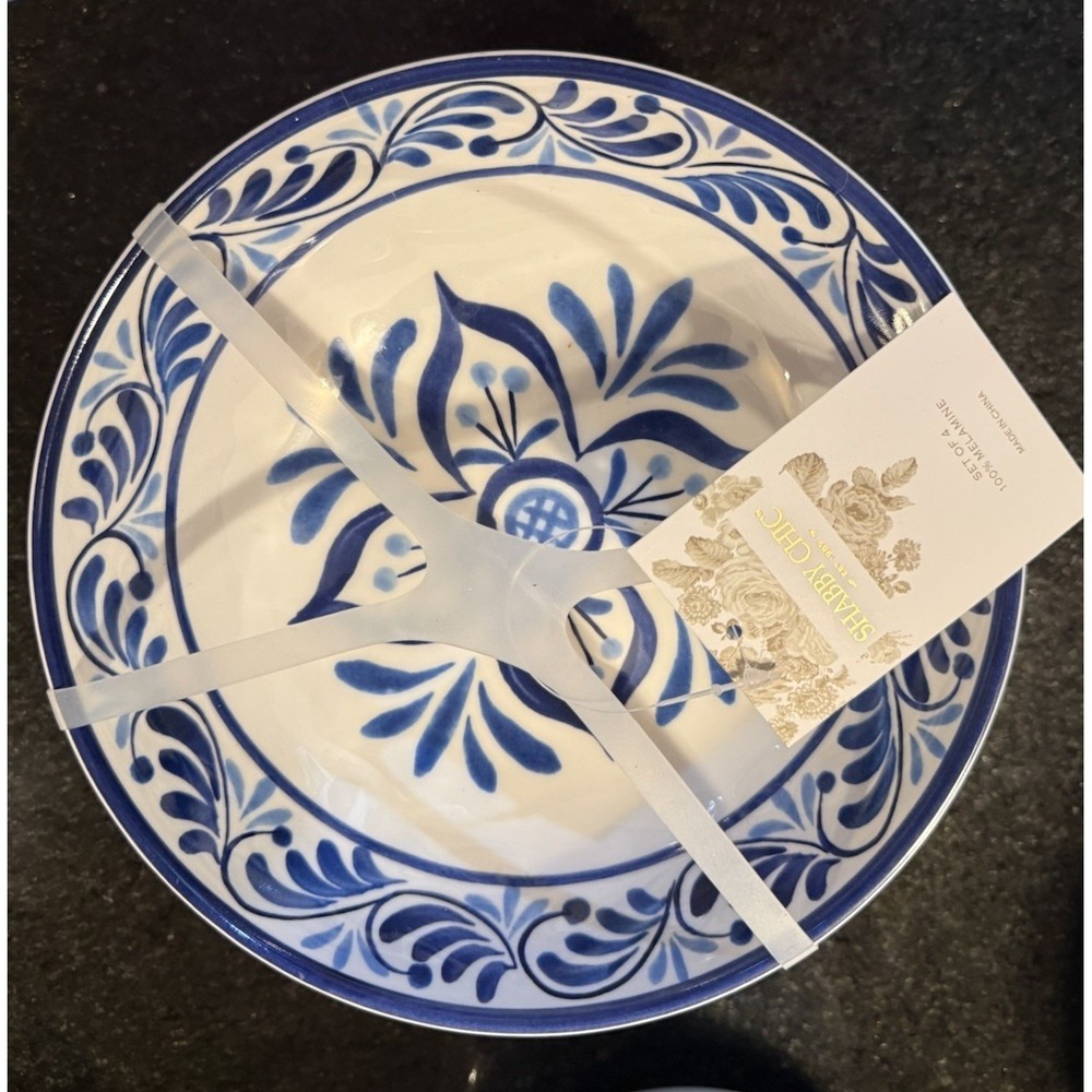 Shabby Chic Melamine Salad/Cereal Bowls Blue White Scroll New‎ Set Of 4